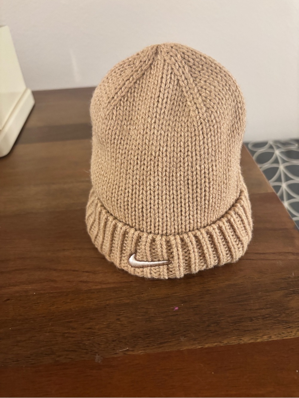 Baby Nike Beige Knit Cuffed Beanie with White Swoosh